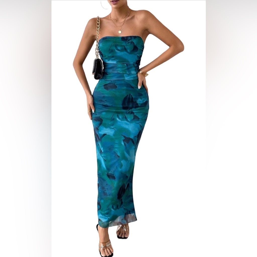 Elegant Green\Blue Patterned Women's Dress